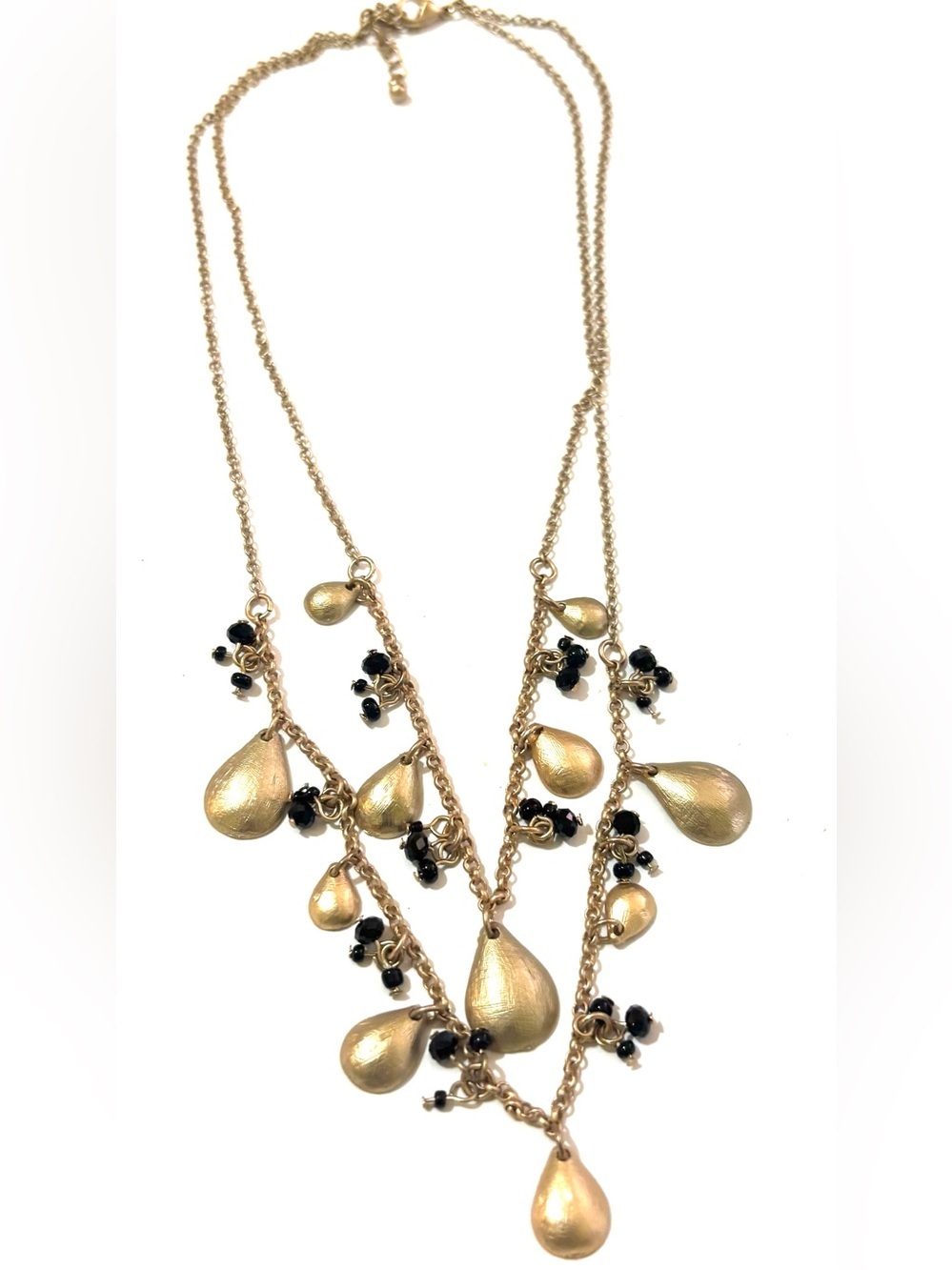Gold Teardrop Layered Necklace with Black Bead Accents